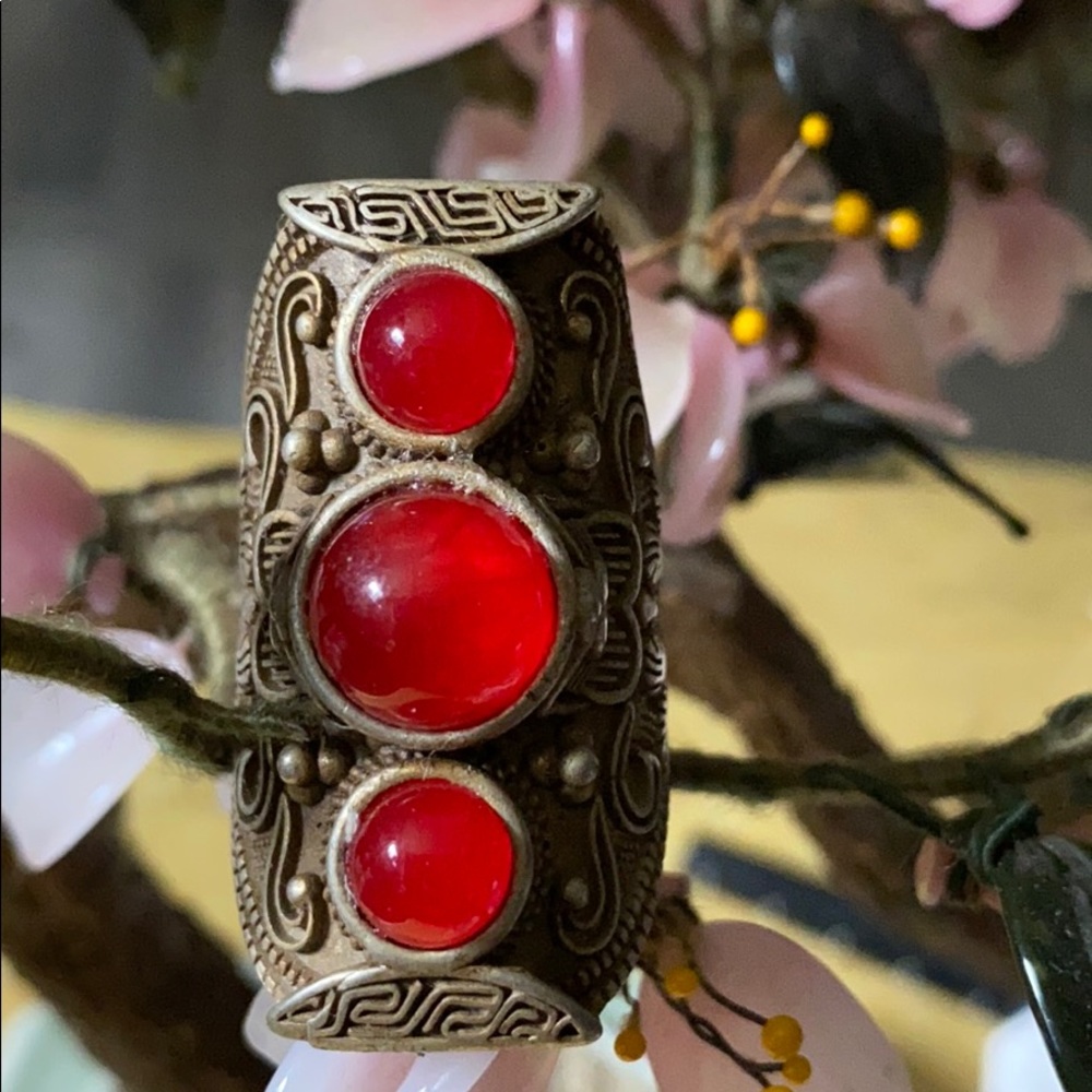 Antique red jade Asian silver ring